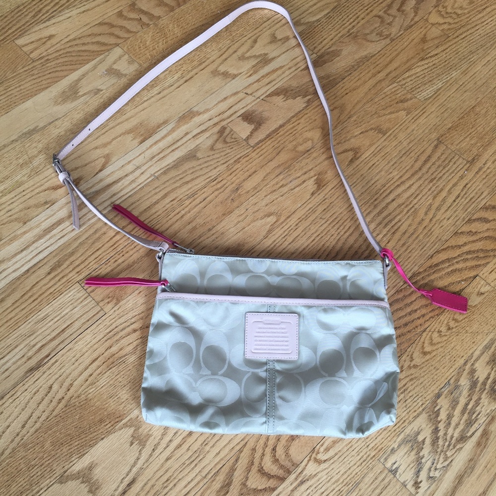 Coach Cross Body Light Tan Bag with Pink Accents